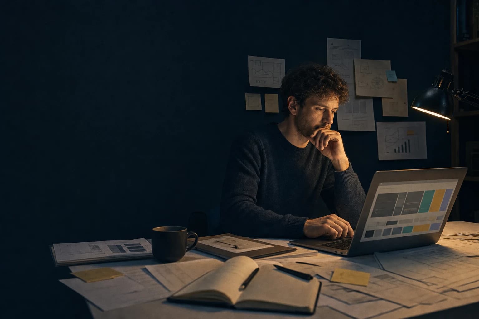 Founder working at a paper-covered desk with a laptop and notebooks