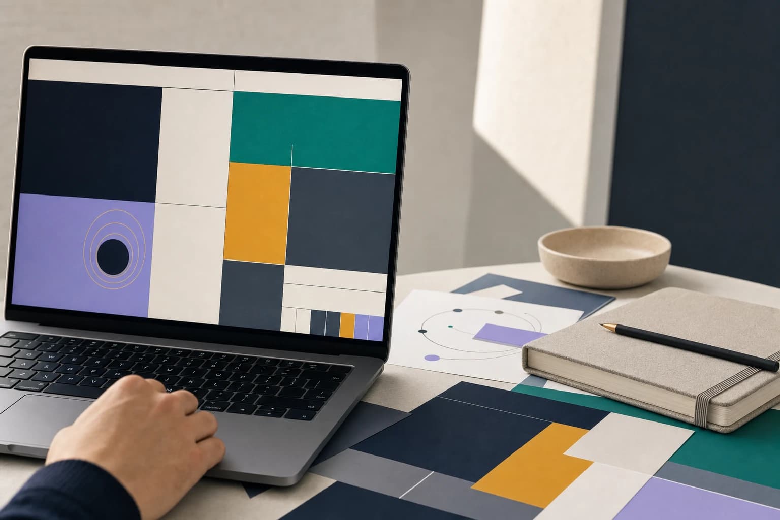 Laptop showing an abstract planning surface beside a notebook