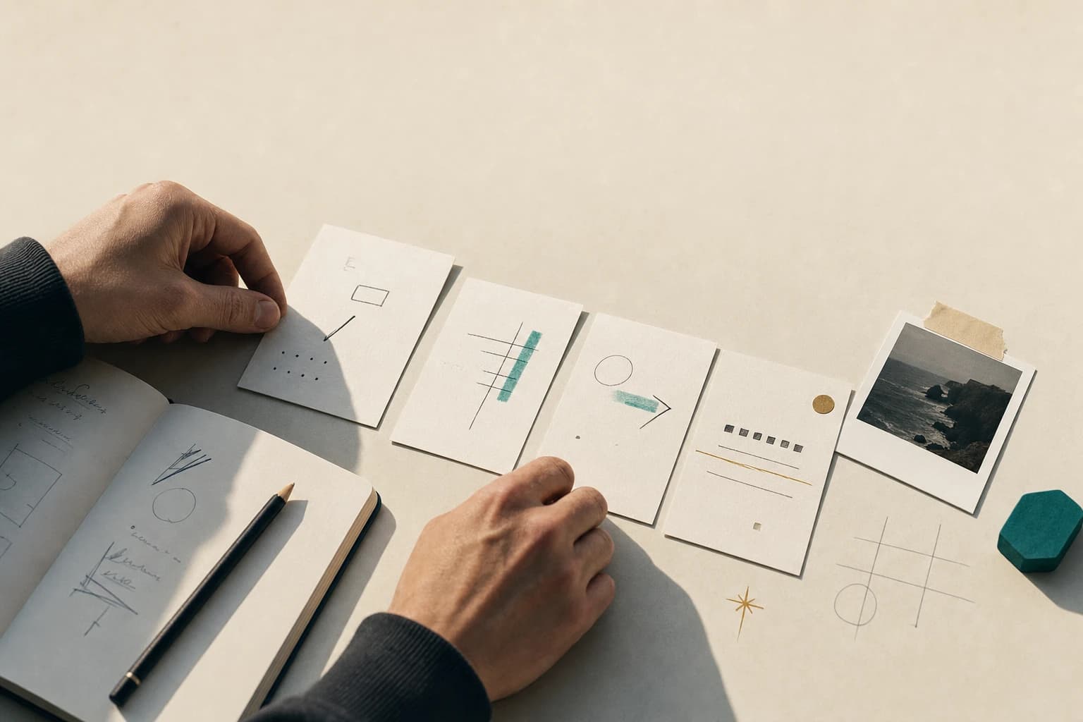 Hands arranging paper cards and notes on a warm paper table