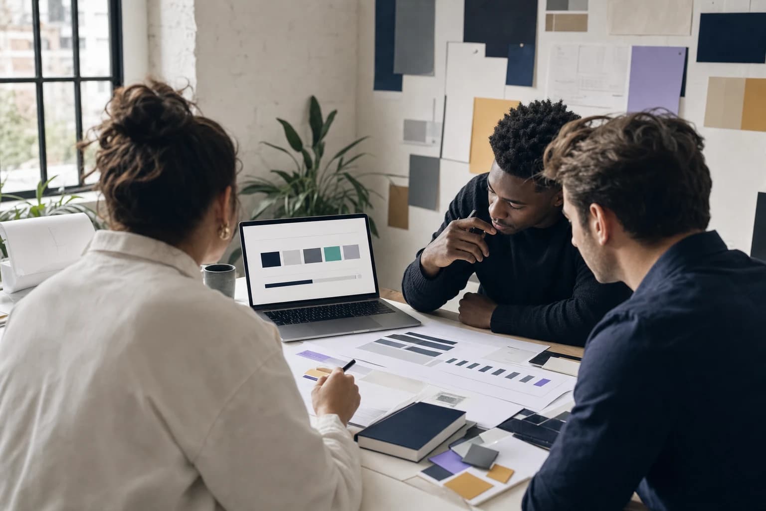 Small founder team reviewing a working business plan together